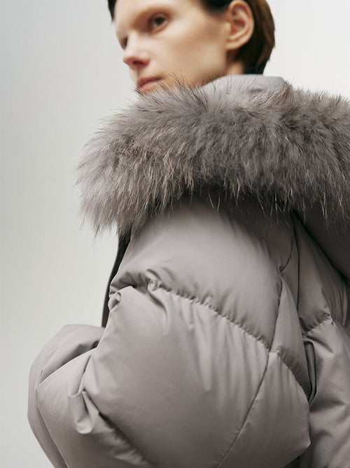 Load image 1 in gallery view. Women's Gray Warm Goose Puffer Hooded Jacket with Fur