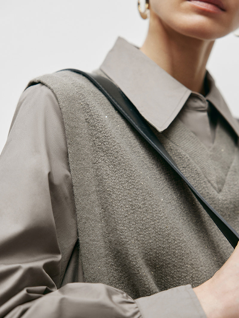 Women's Brown Classic Collar Long Sleeve Wool Vest Splicing Dress