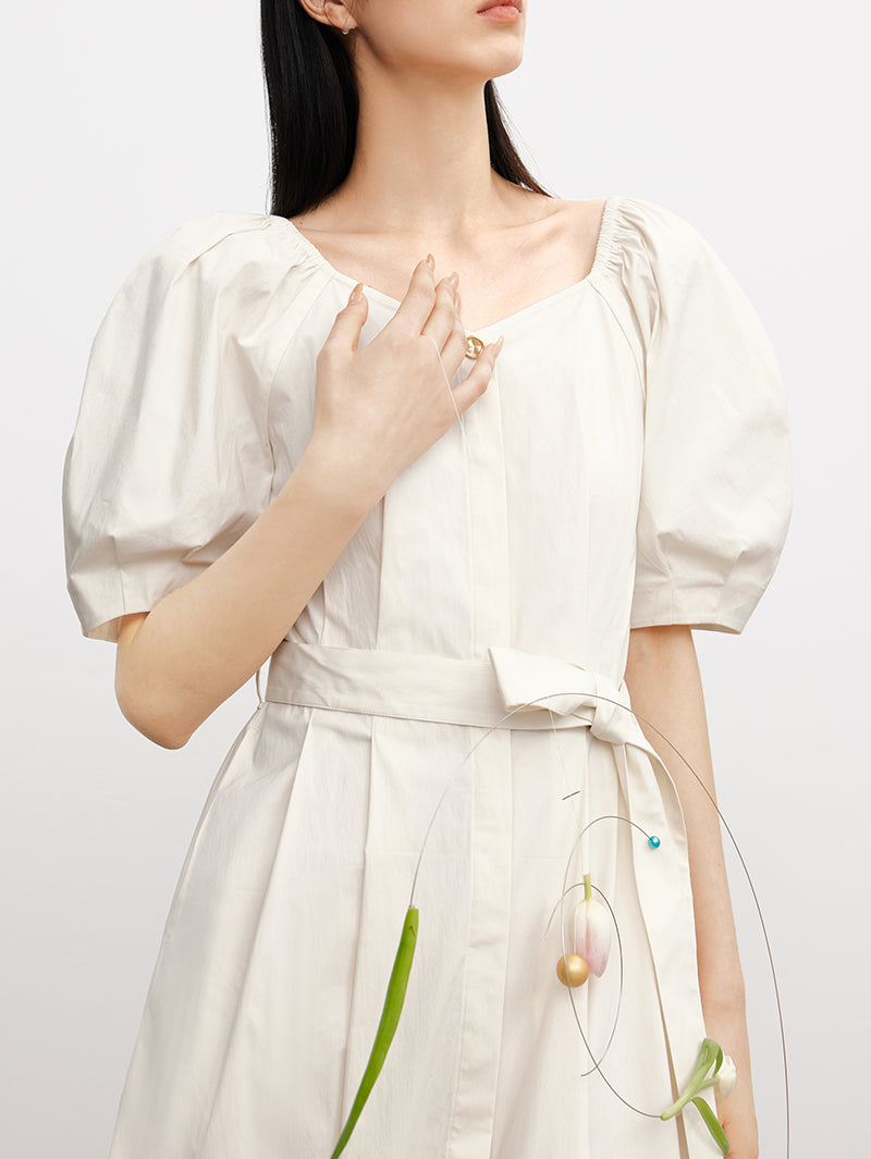 Women's Off-White Square Neck Puff Sleeves Button Down Belted Dress