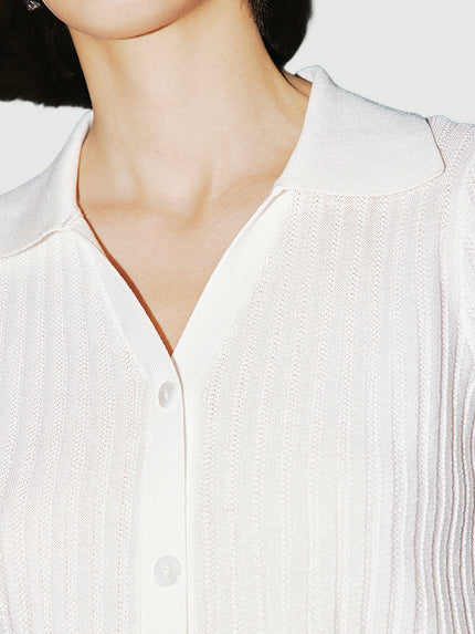 Women's White Polo Neck Short Sleeves Rib Knit Top
