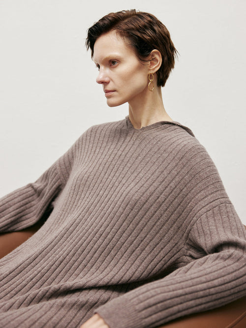 Load image 1 in gallery view. Women's Sandstone Brown Round Neck Loose Fit Wool Jersey Dress