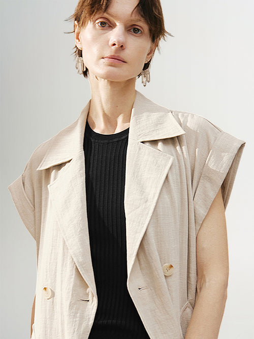 Load image 1 in gallery view. Women's Light Khaki Notch Lapel Short Sleeves Double Breasted Dress
