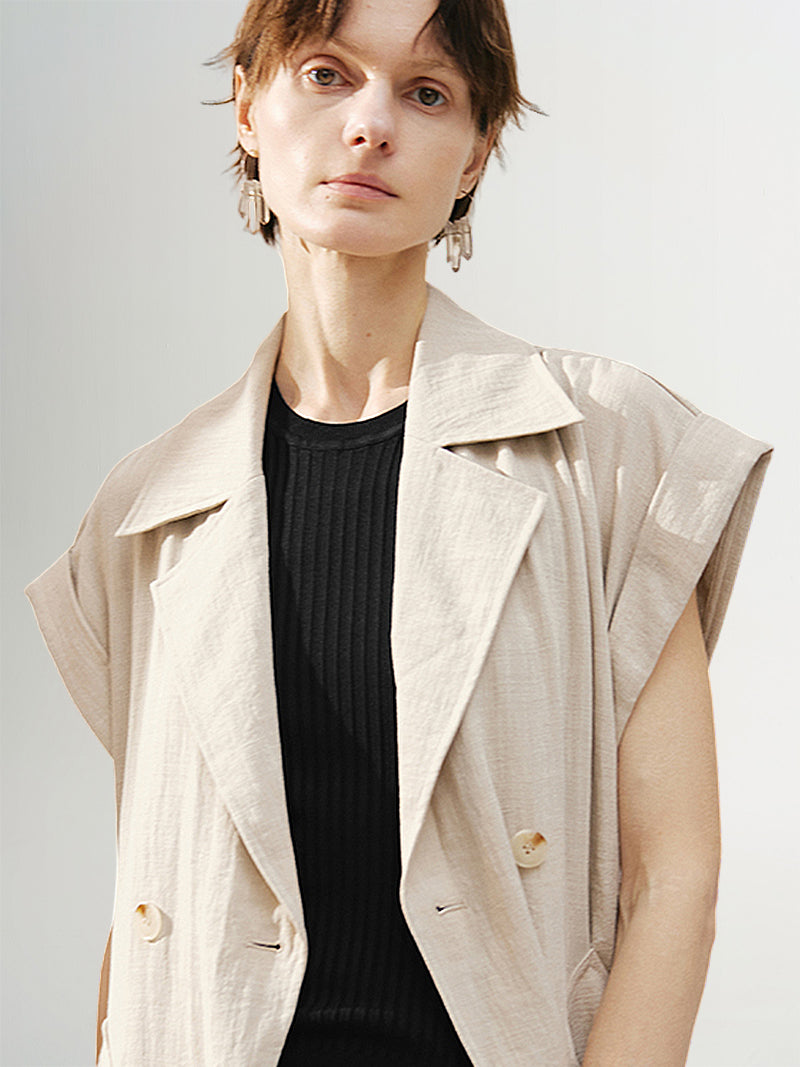 Women's Light Khaki Notch Lapel Short Sleeves Double Breasted Dress