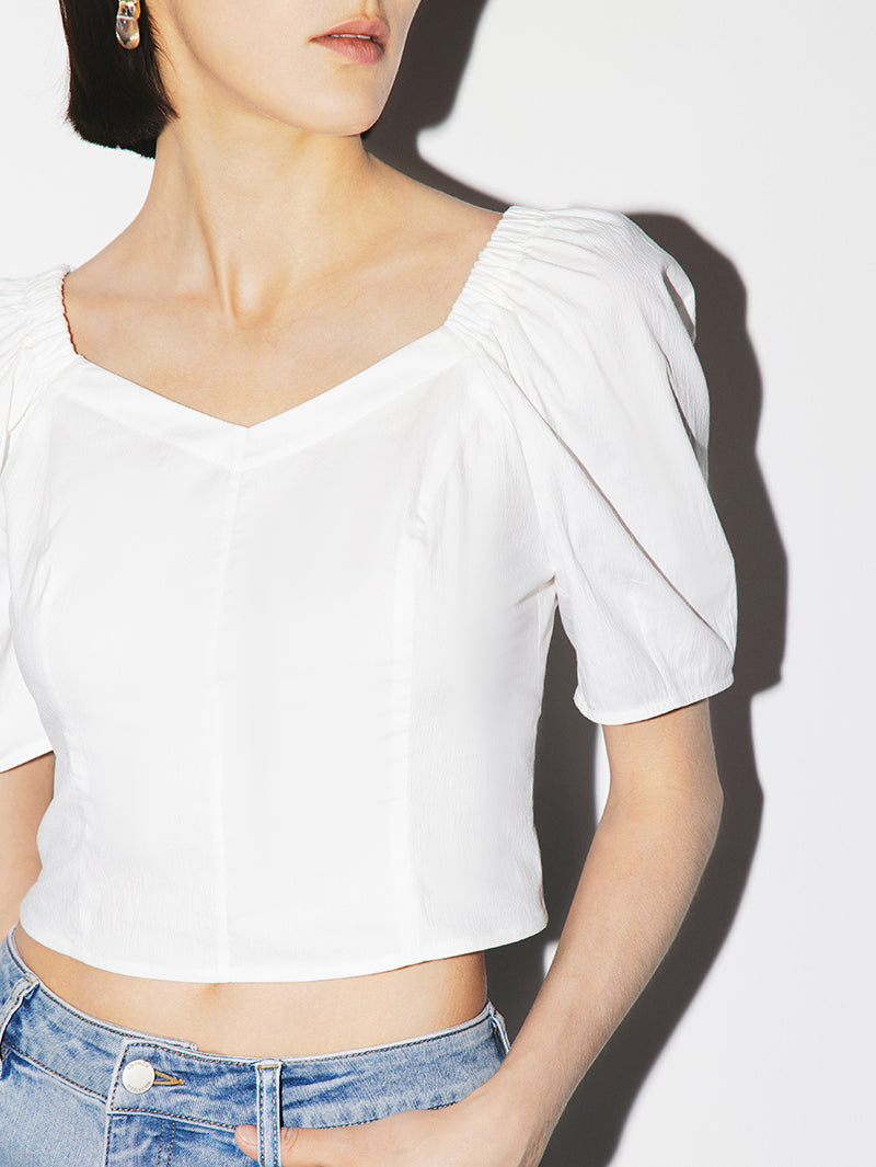 Women's White Square Neck Puff Sleeves High Quality Cotton Short Blouse Shirt