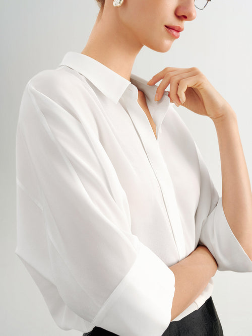 Load image 1 in gallery view. 100% Mulberry Silk Relaxed-Fit Drop-Shoulder Lapel Three-Quarter Sleeve Shirt