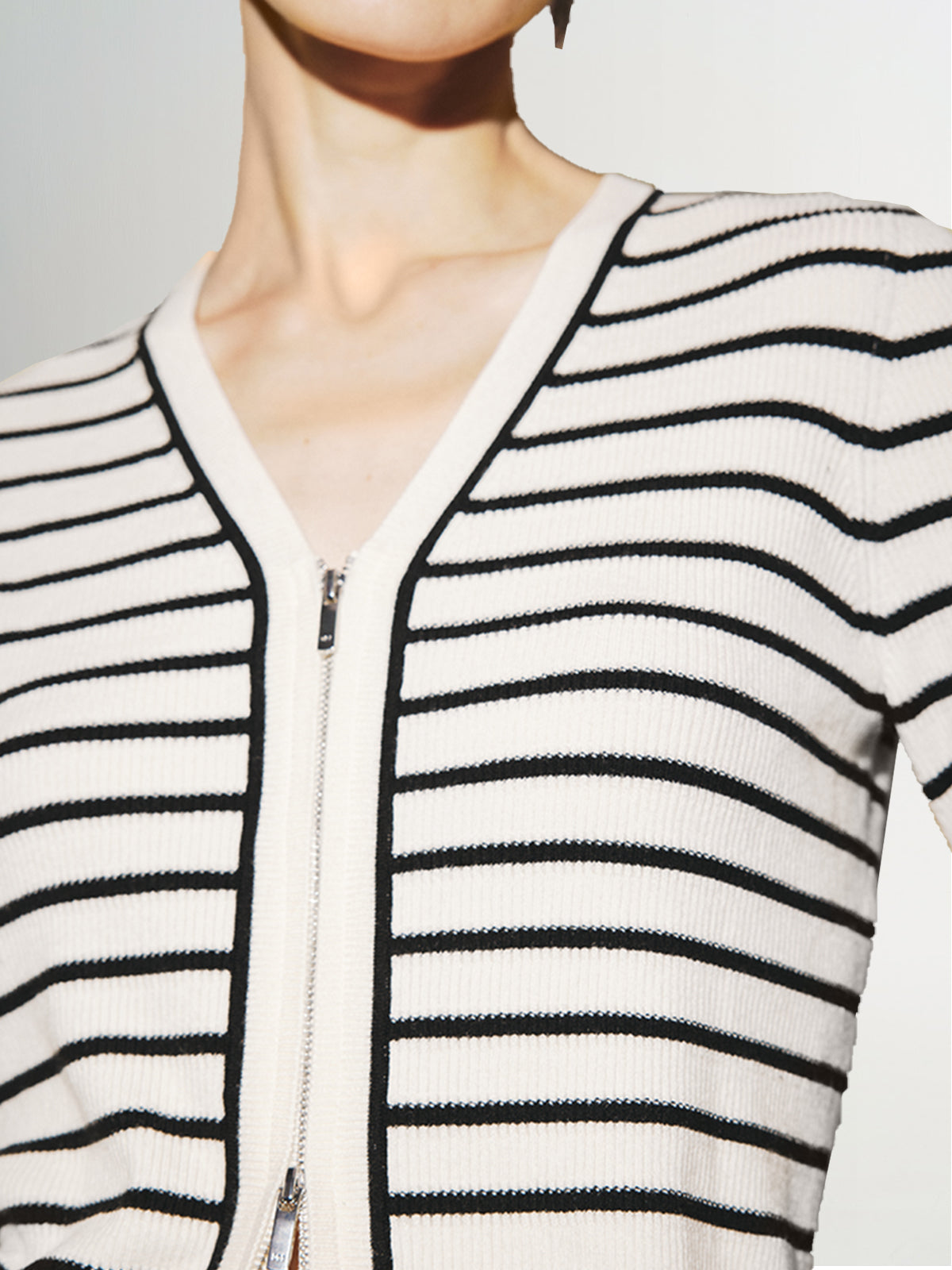 Women's White Black Stripes V Neck Button Down Knitwear Top