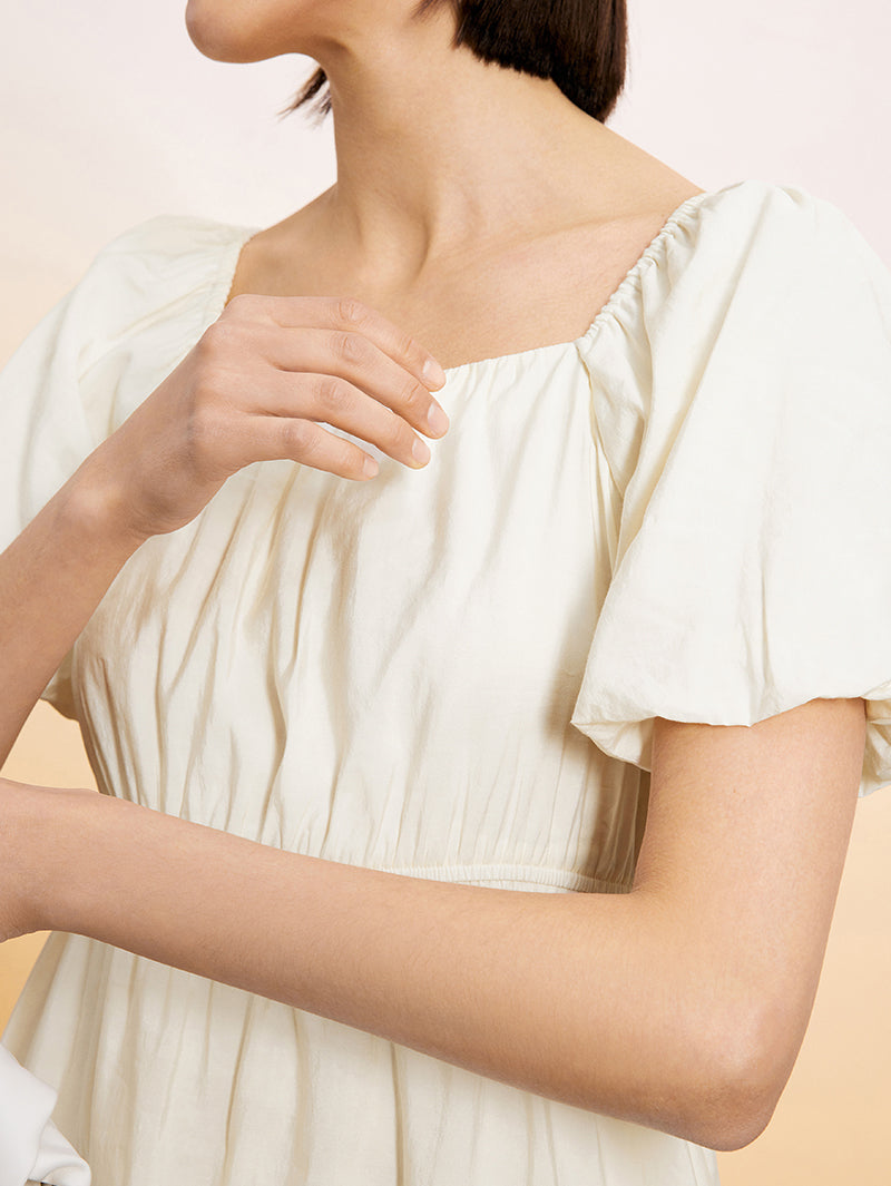 Women's Light Beige Square Neck Puff Sleeves Pleated Fabric Dress
