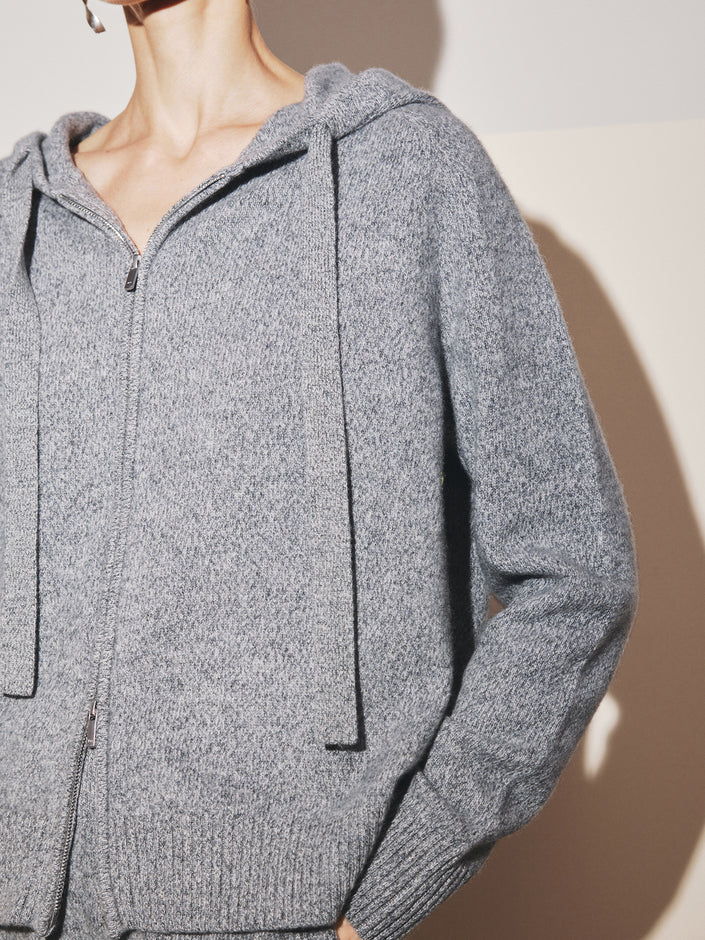 Women's Gray Zip Down 100% Cashmere Sweater Hoodie