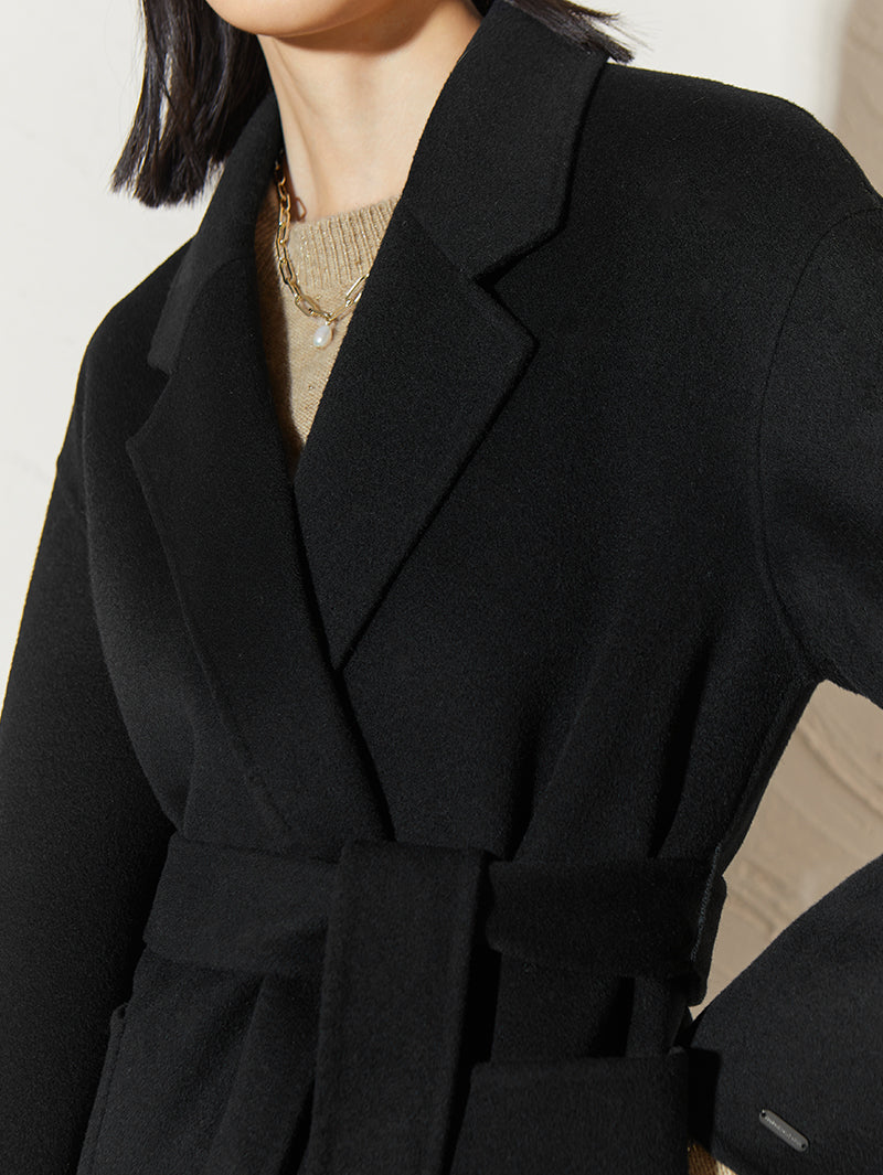 Women's Black 100% Sheep Wool Coat with Belt