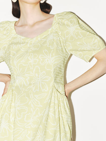 Women's Light Green Square Neck Puff Sleeves Texture Comfy Dress