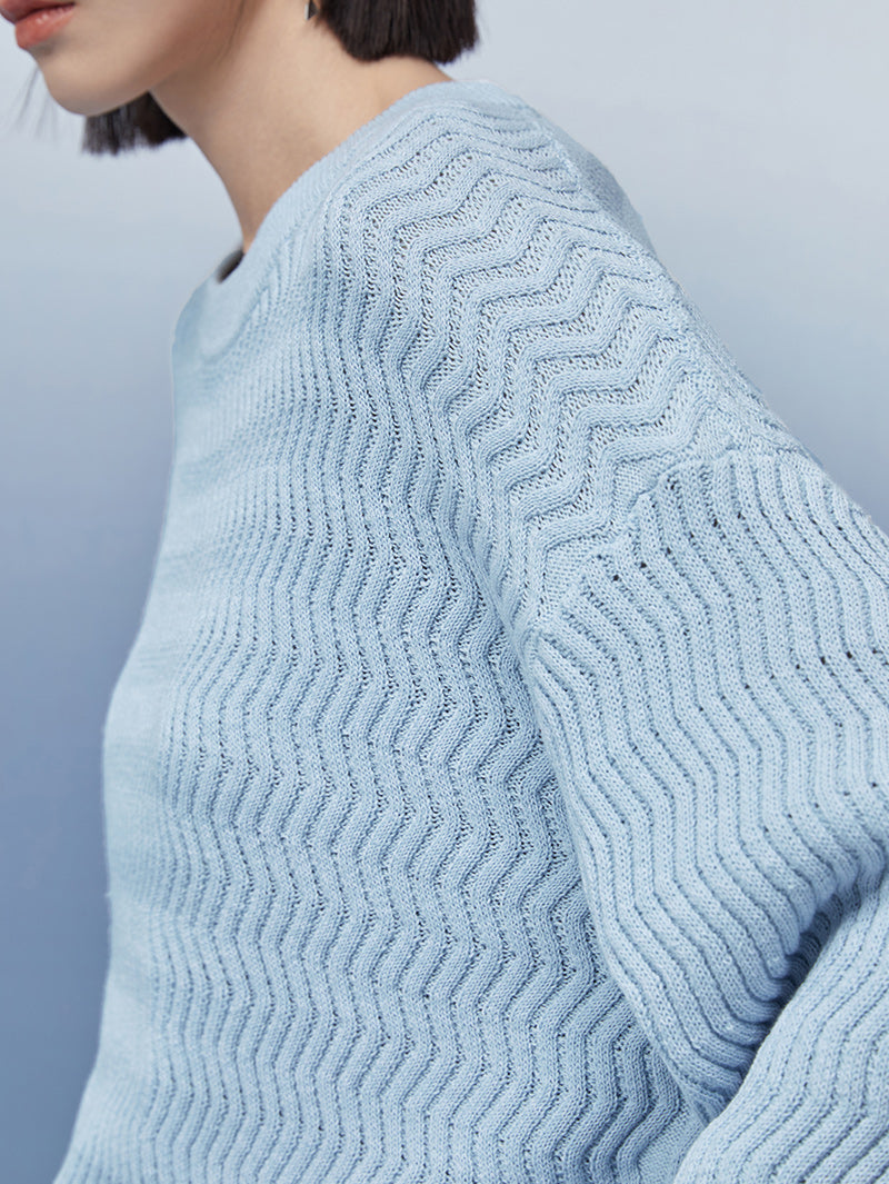 Women's Blue Round Neck Knit Pullover Sweater