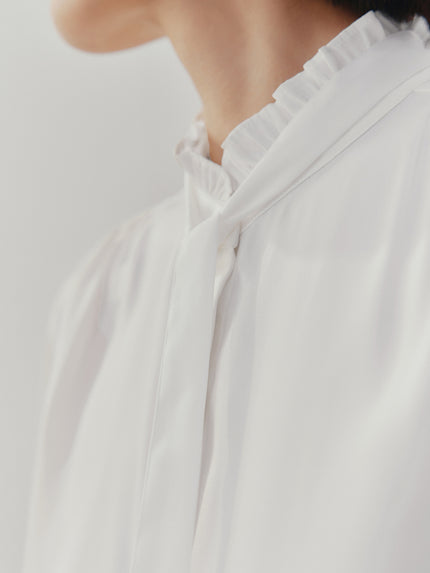 Women's White Tie Neck Long Sleeves Shirt