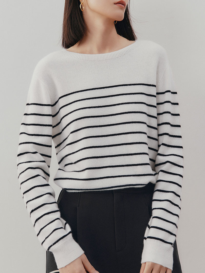 Women's White Stripe Round Neck Knit Cashmere Sweater