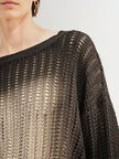 Women's brown ribbed knitted crew neck sweater, 5E7132361.