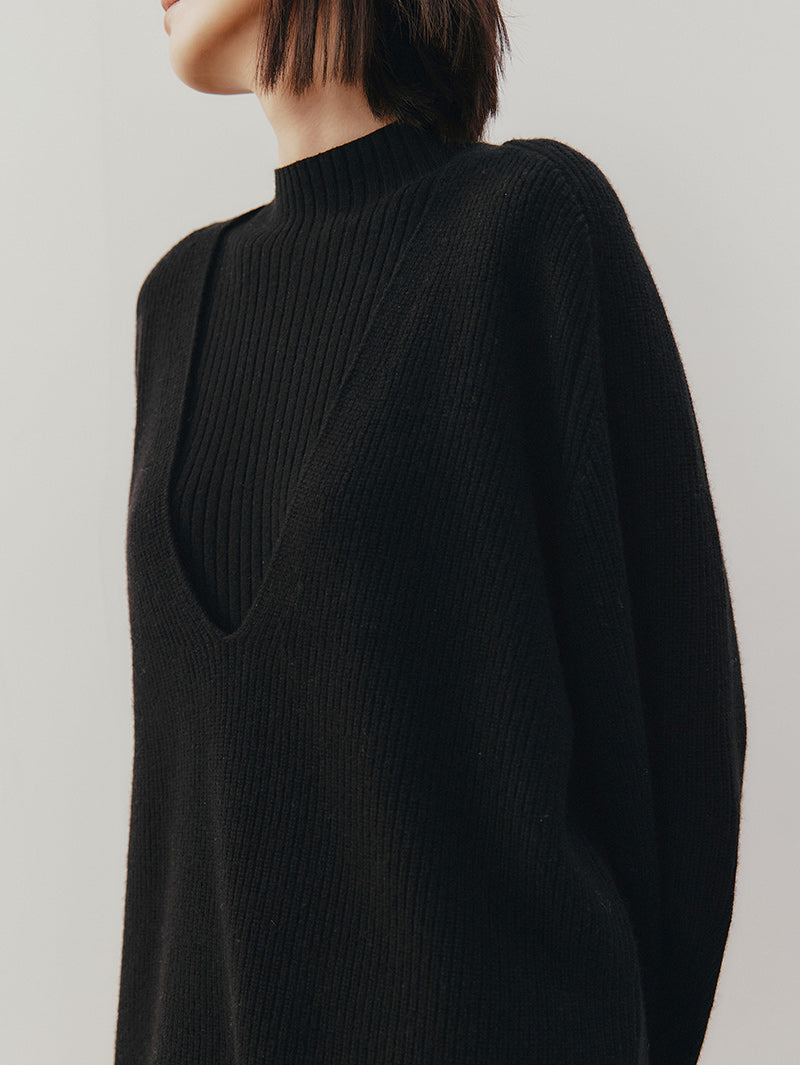 Women's Black V Neck Long Sleeve Wool Sweater