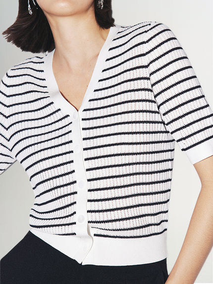 Women's White Black Stripes V Neck Short Sleeve Acetate Knitwear Top