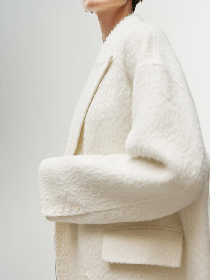 Women's White Peak Lapel Double Breasted Wool Coat