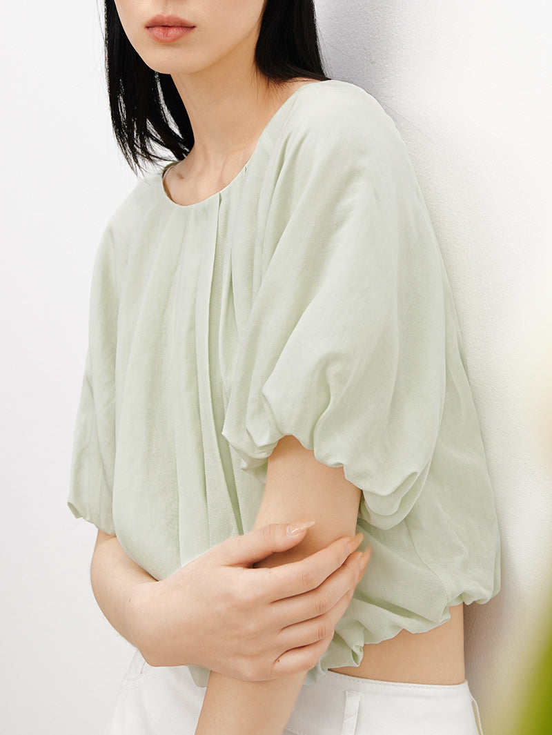 Women's Light Green Round Neck Puff Sleeve Blouse Top