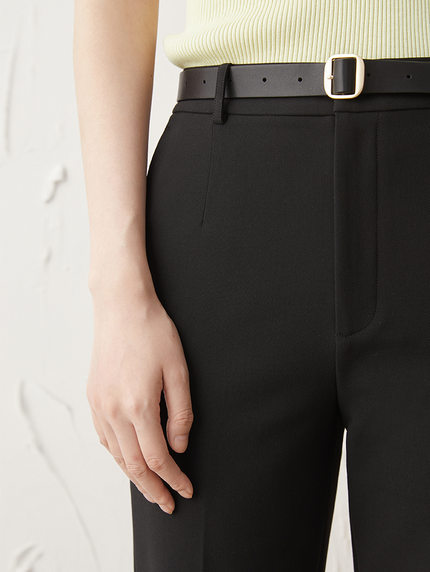 Women's Black Small Leg Trousers Sheep Wool with Belt
