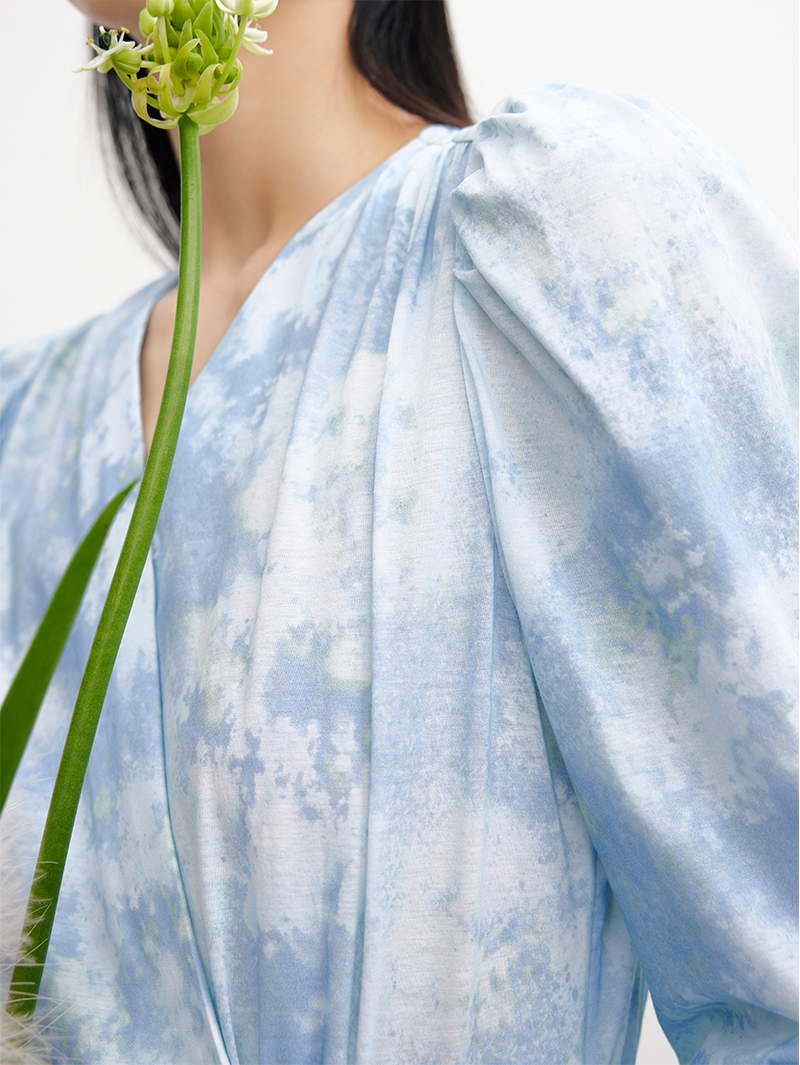 Women's Floral Sky Blue V Neck Pleated Waist Irregular Hem Dress