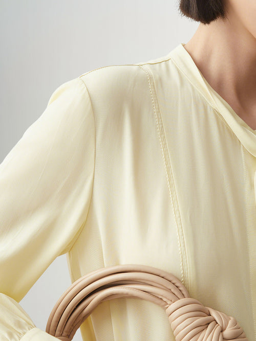 Charger l'image 1 dans la galerie. Women's Light Yellow Bow-knot Neck Long Sleeve Acetate Blouse