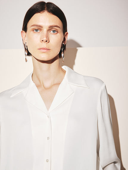 Women's White Notch Lapel Long Sleeves Silk Shirt