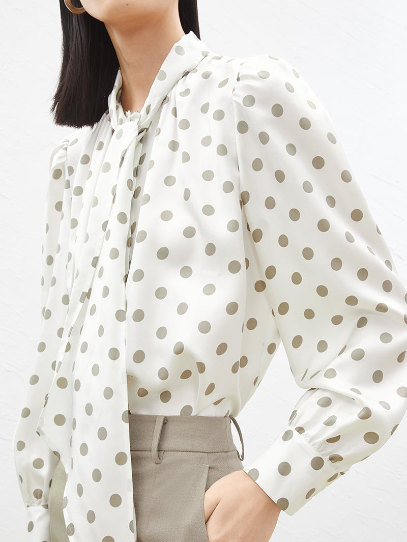Women's Polka Dots Puff Sleeve Silk Blouse