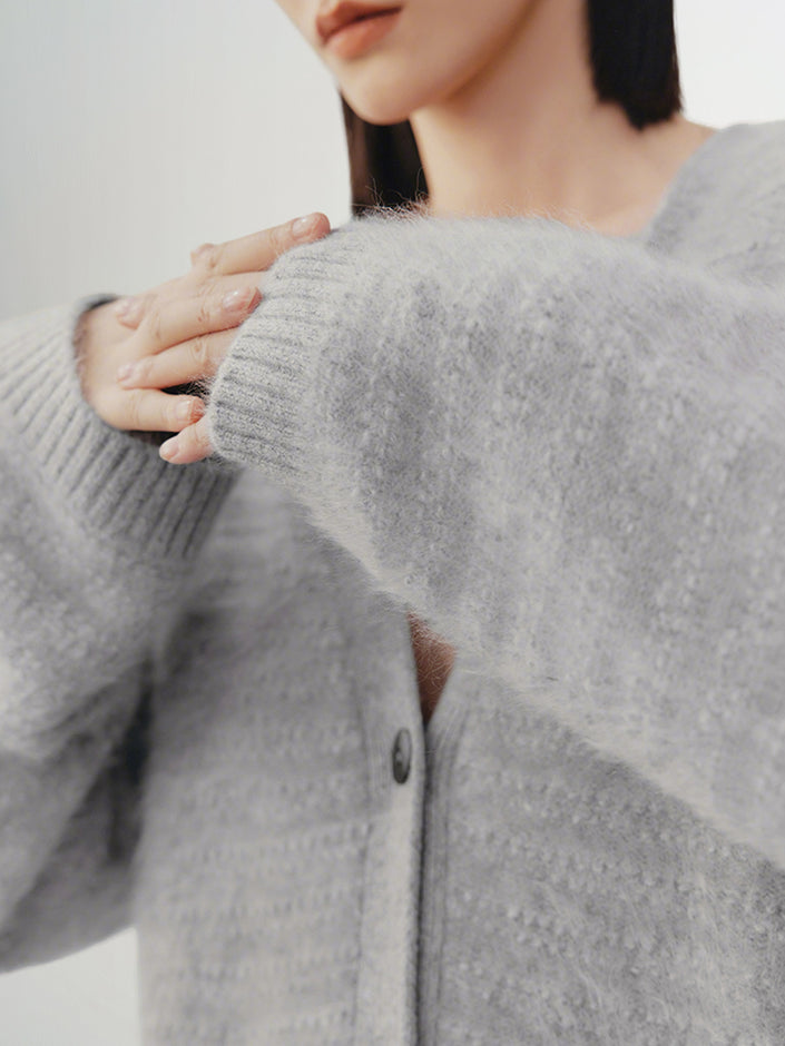 Women's Light Gray V Neck Knit Cashmere Sweater Cardigan