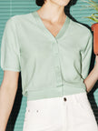 Women's Mint Green V Neck Short Sleeves Lyocell Knit Top