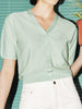 Women's Mint Green V Neck Short Sleeves Lyocell Knit Top