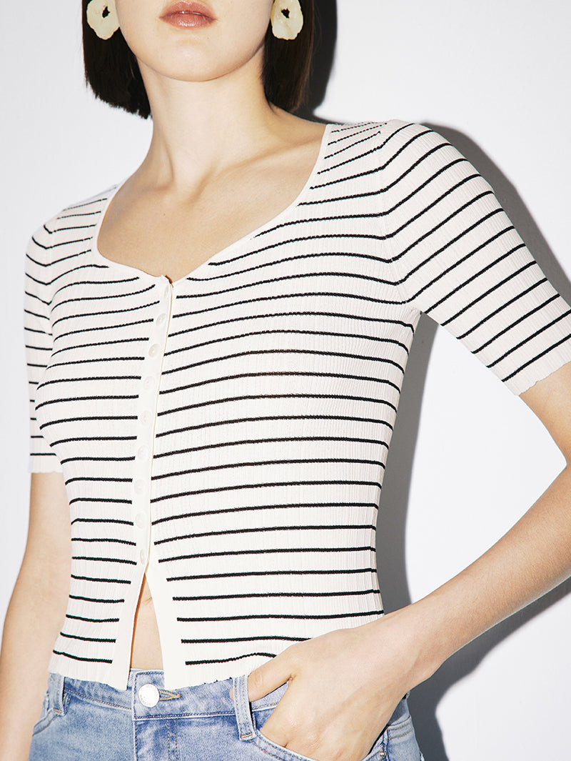 Women's White Square Neck Short Sleeves Knit Top