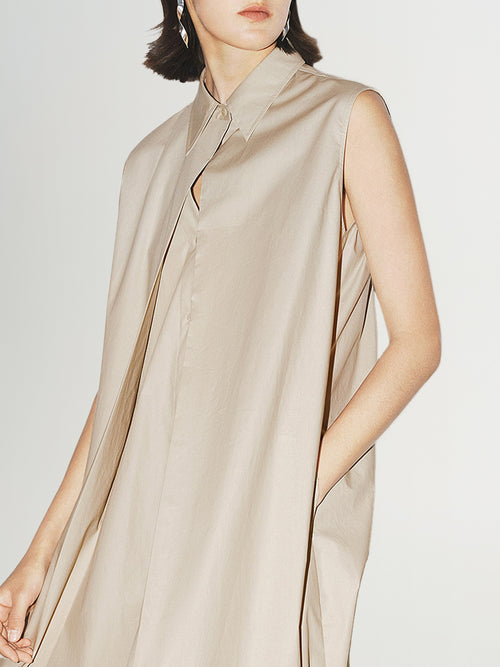 Load image 1 in gallery view. Women's Light Beige Stylish Stand Collar H Shape 100% Cotton Dress