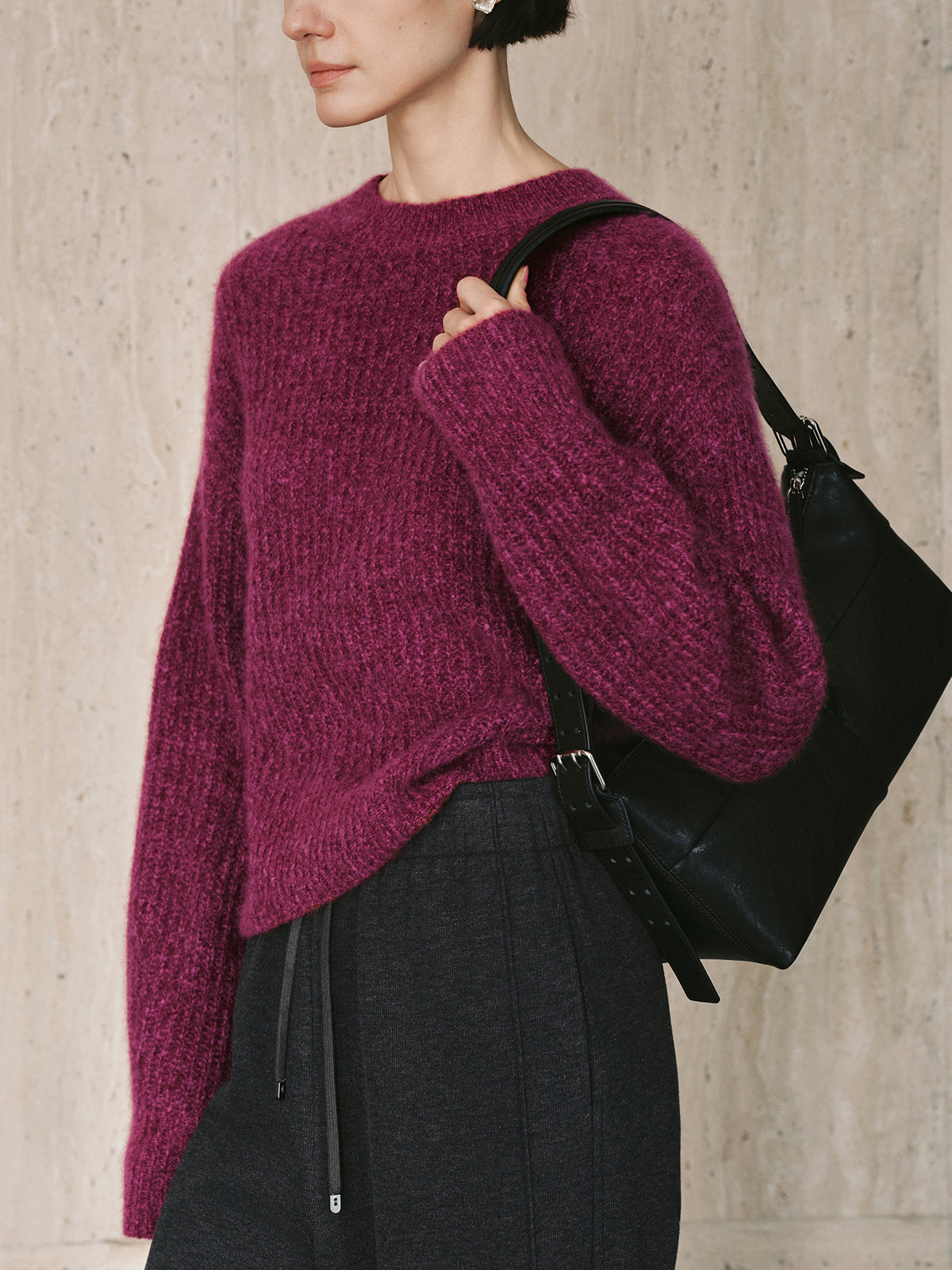 Magenta Vertical-Rib Silk-Cashmere Sweater