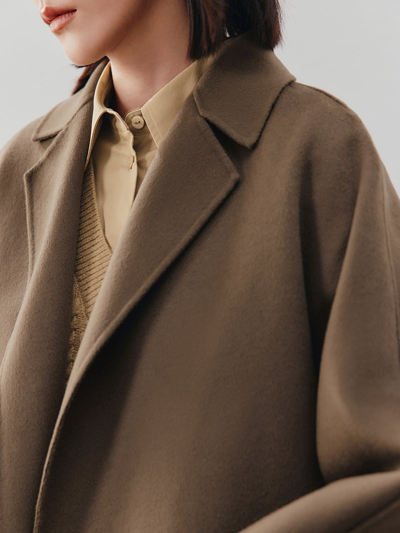 Women's Brown 100% Sheep Wool Belted Long Coat