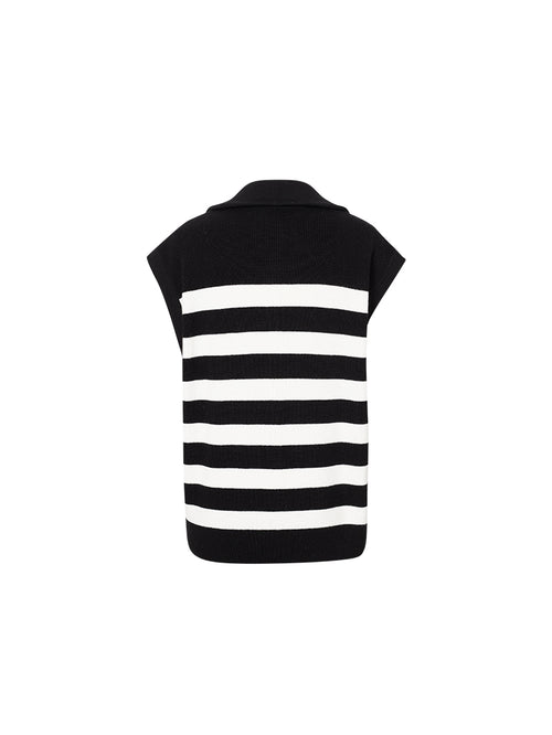 Carica immagine 1 in visualizzazione galleria. Women's Black Stripe Polo Zipper Neck Sleeveless Knitted Sweater、