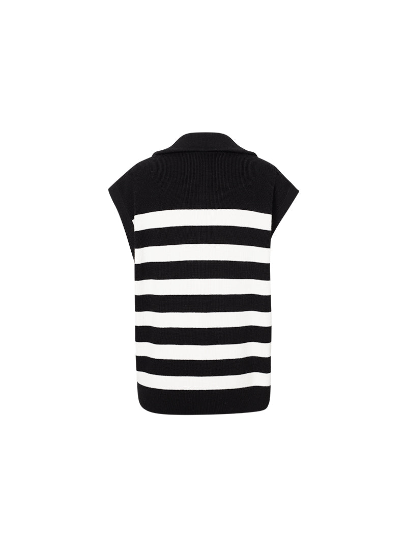 Women's Black Stripe Polo Zipper Neck Sleeveless Knitted Sweater、