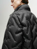 Black mid-length down jacket with hood and belt