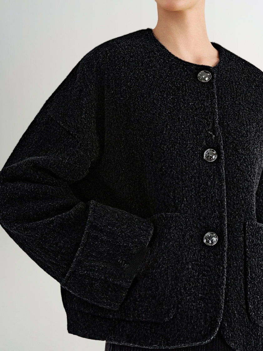 Wool-Camel Blend Round-Neck Short Jacket