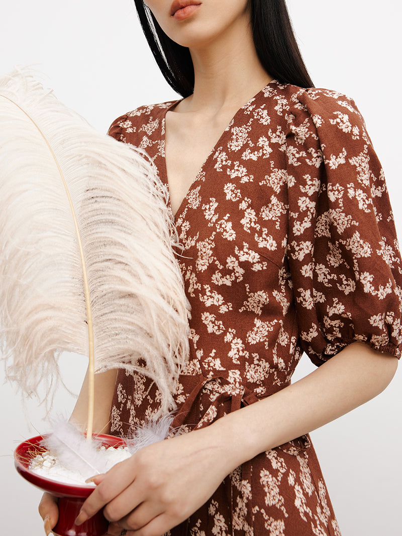 Women's Floral Underglaze Red V Neck Puff Sleeves Wrap Dress