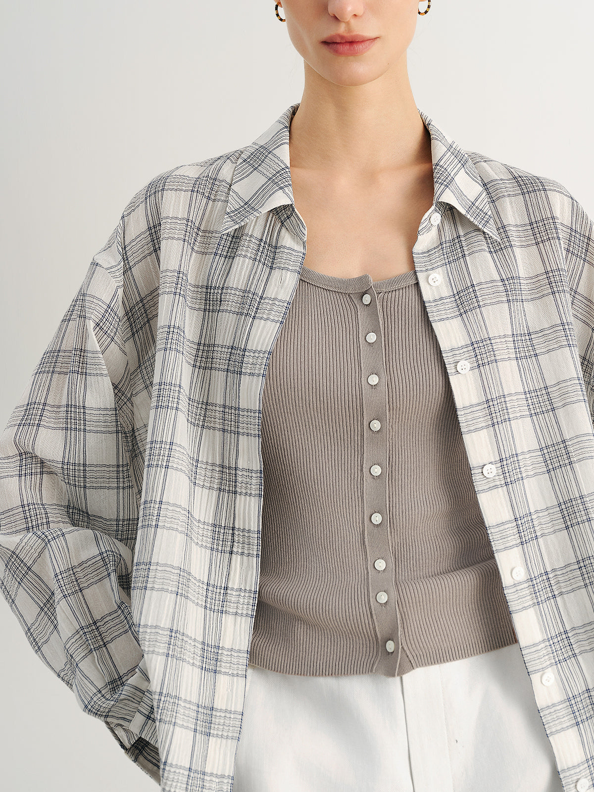 Relaxed-Fit Drop-Shoulder Long-Sleeve Plaid Lapel Shirt