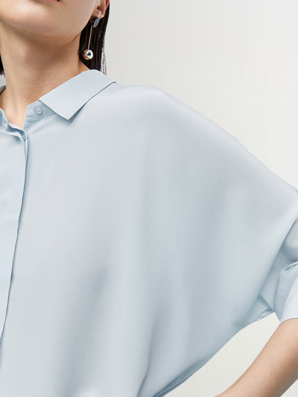 Women's Light Blue Classic Collar Long Sleeve Silk Shirt