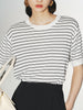 Black and white knitted top with round neck and short sleeves