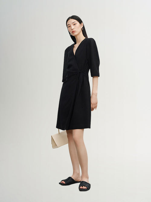 Load image 1 in gallery view. Black dress with round neck and long sleeves, high waist