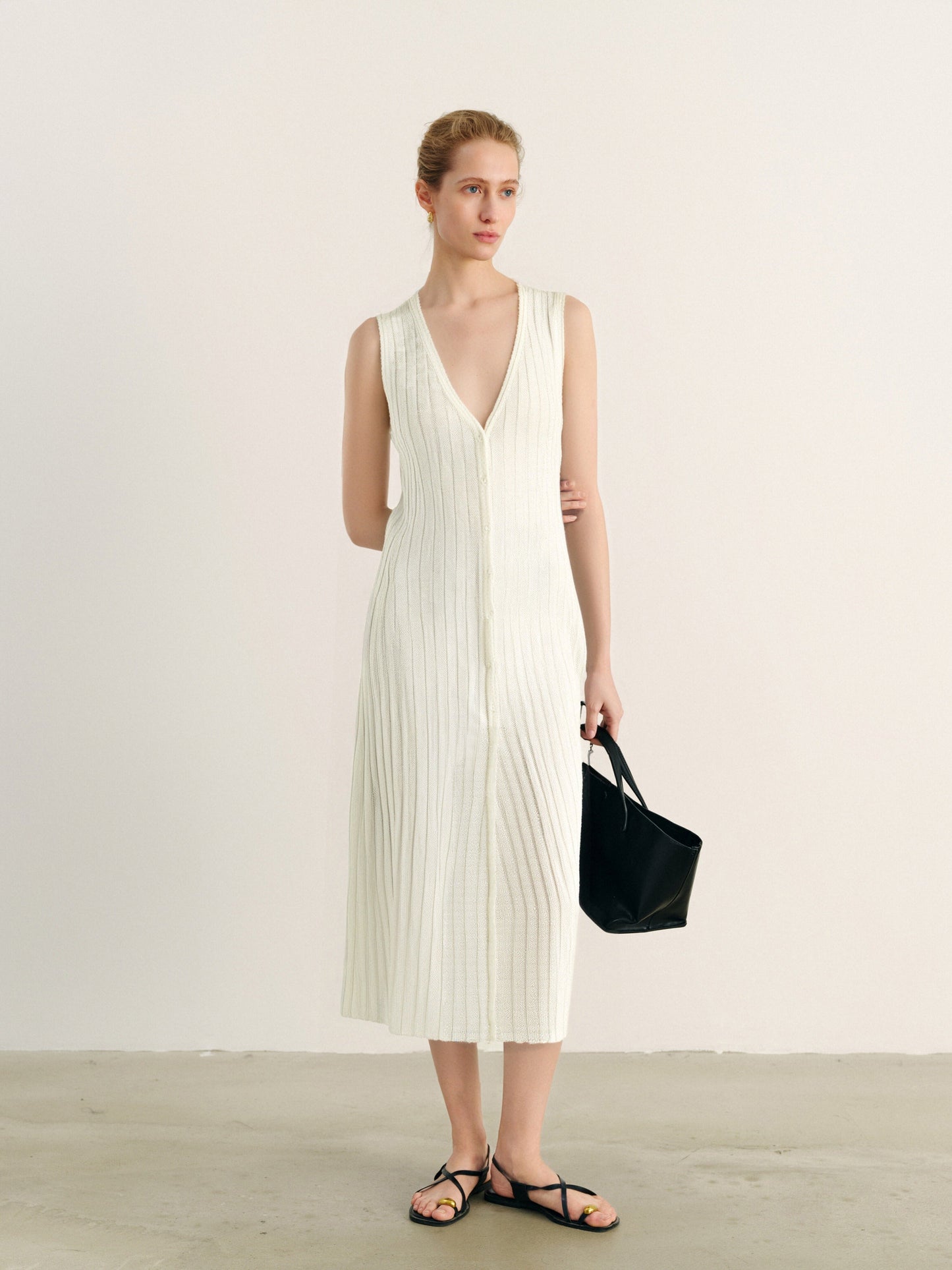 Slim-Fit Cotton Deep-V Sleeveless Midi Dress