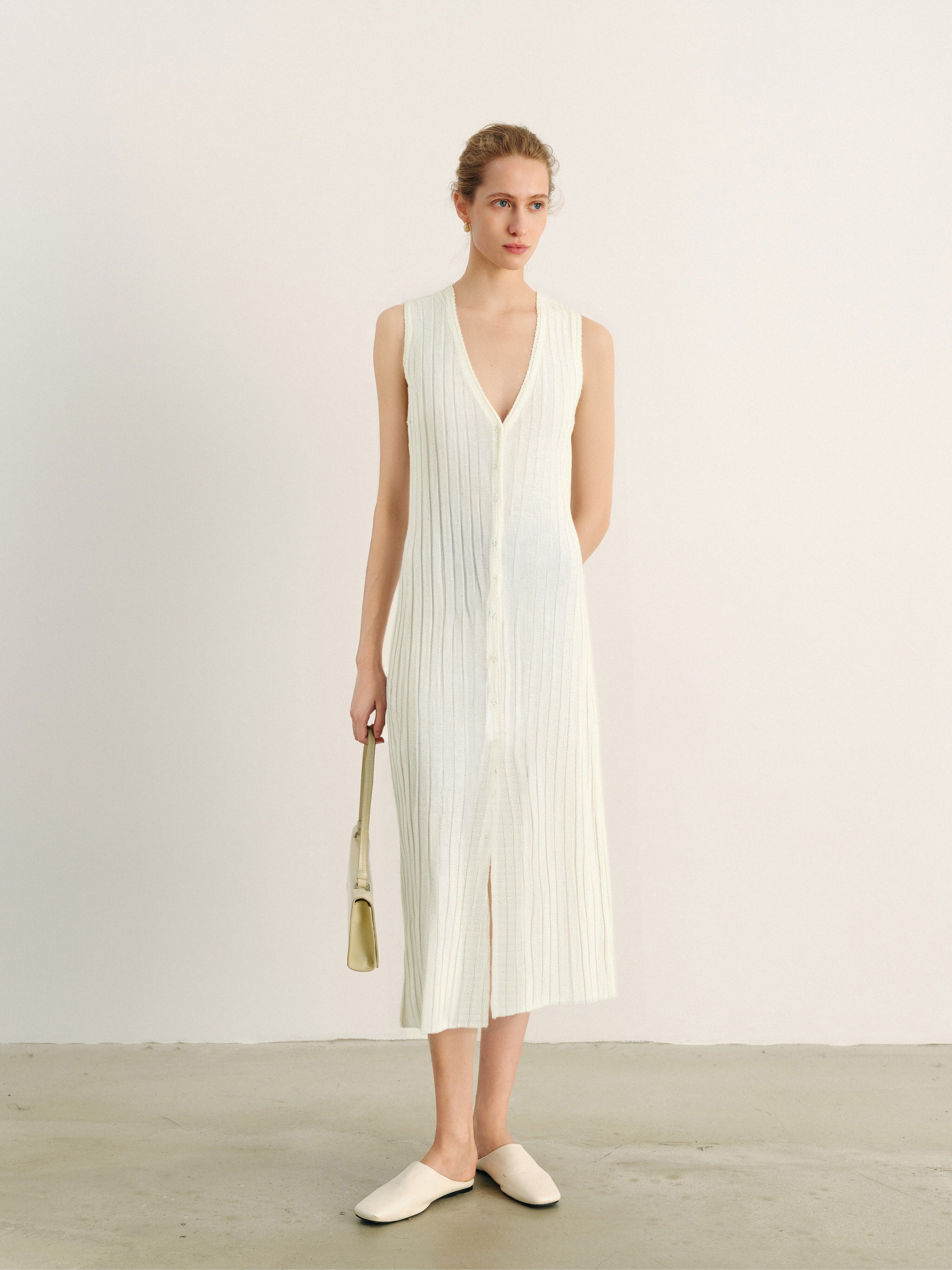 Slim-Fit Cotton Deep-V Sleeveless Midi Dress