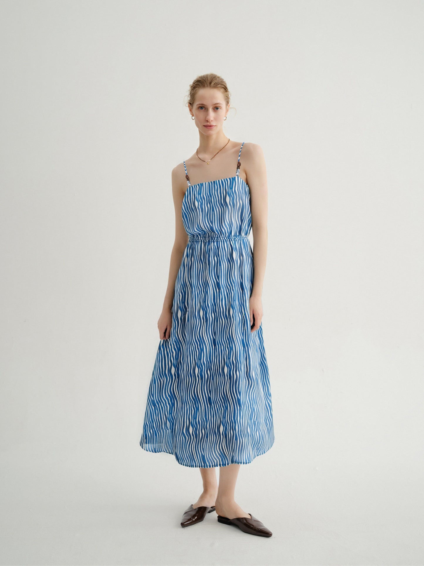 Cotton Stripe Spaghetti-Strap Midi Dress