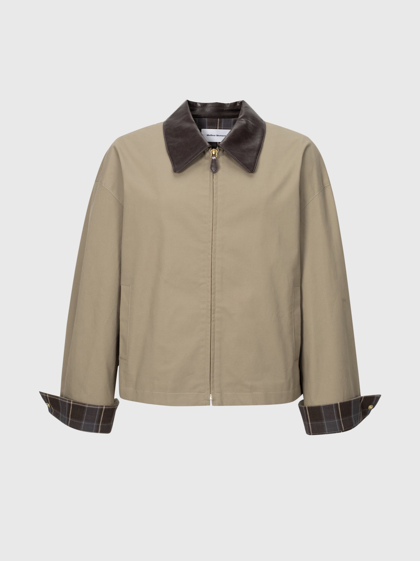 Contrast Leather Collar Zip Jacket