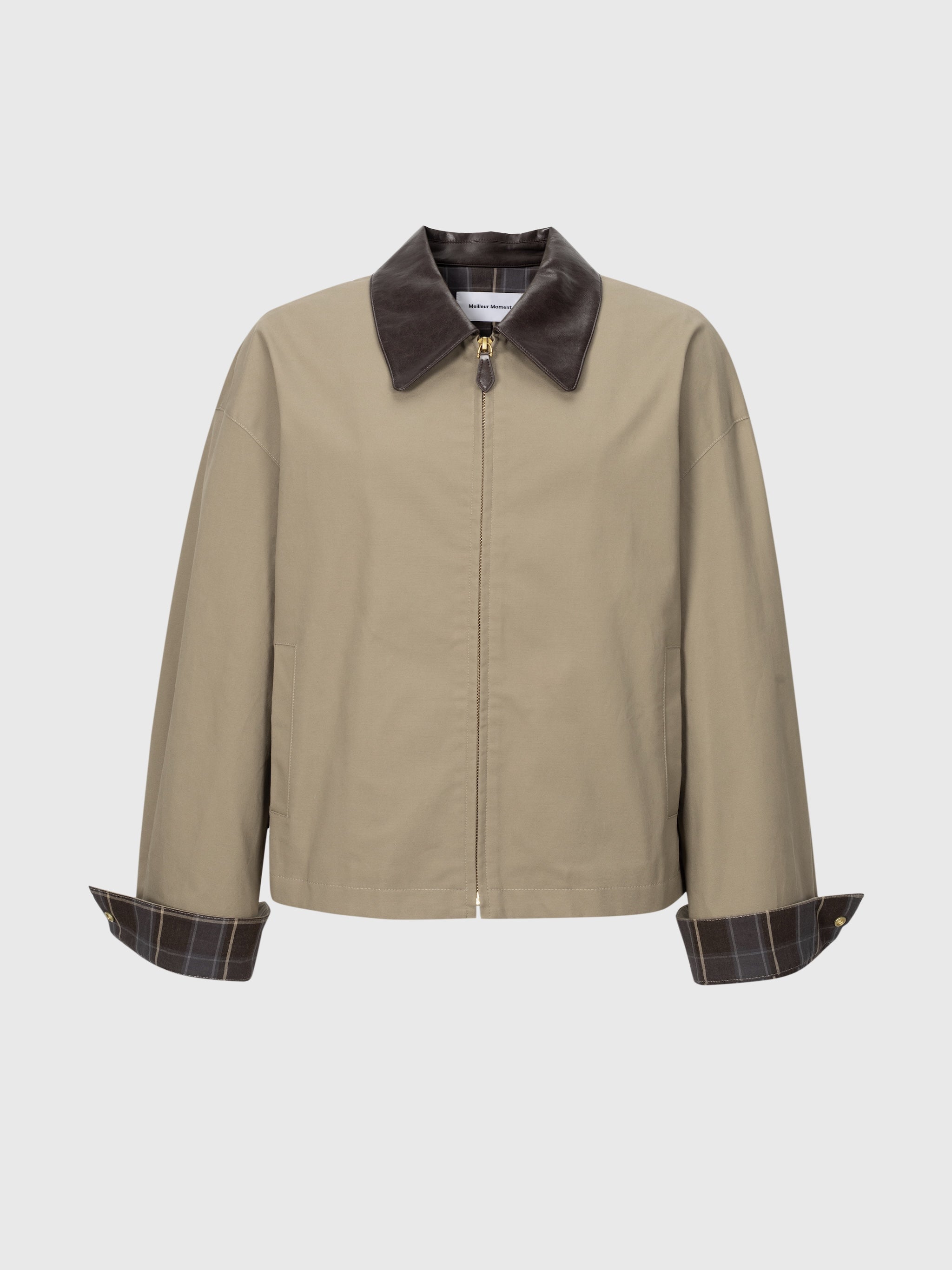 Contrast Leather Collar Zip Jacket