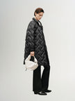Black mid-length down jacket with hood and belt