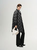 Black mid-length down jacket with hood and belt
